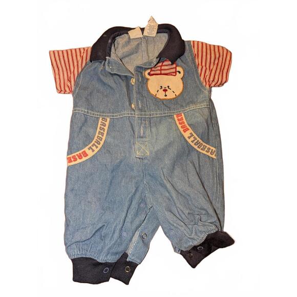 Baby Denim Romper with Bear Patch and Striped Shirt - Picture 1 of 2